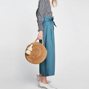Zara Woman XS Teal‎ Paperbag Wide Leg Pant Tie Belt Minimalist Chic Summer Vaca